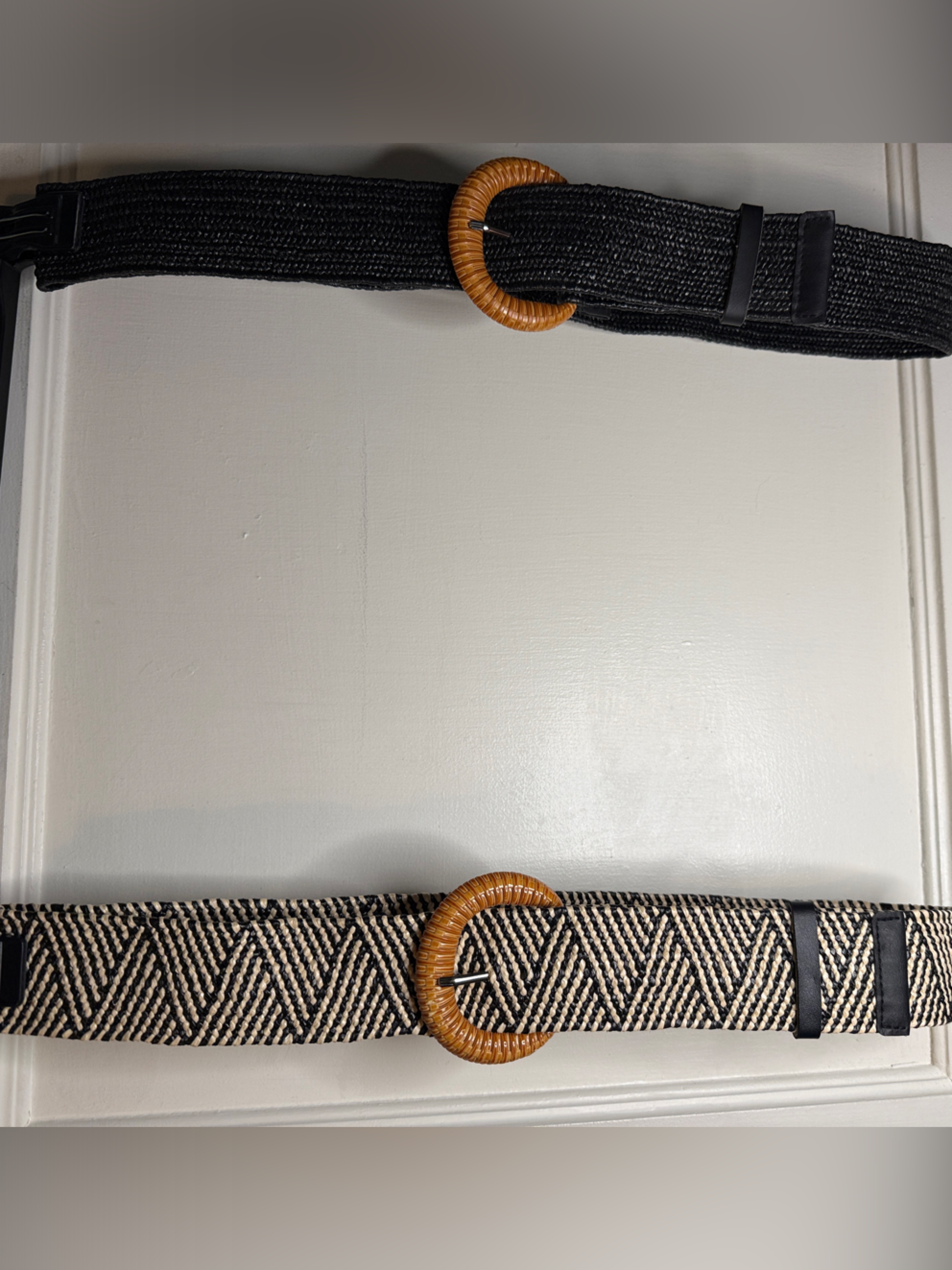 Two Woven Black  Natural DualStyle Waist Belts With Rattan Buckles